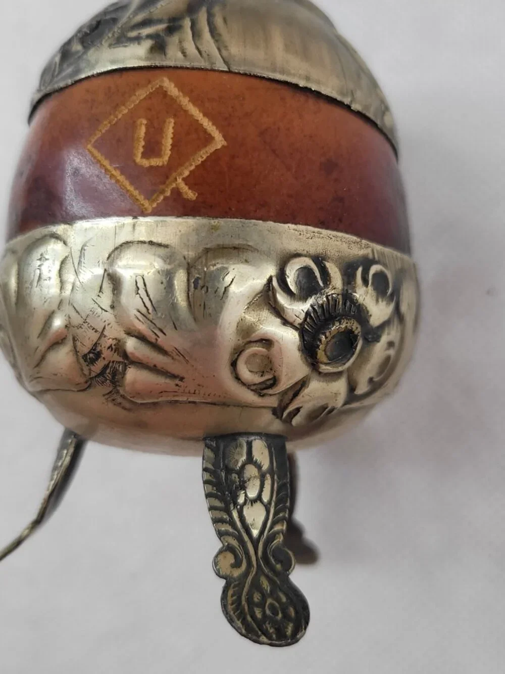 Vintage Argentine Yerba Mate Gourd Cup Metal Trim MF Ind Arg Art Deco